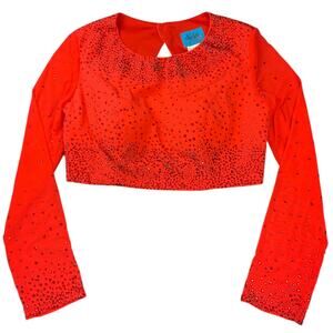Studio 17 Size 12 Red Rhinestone Crop Sheer Long Sleeve Dance Pageant Statement
